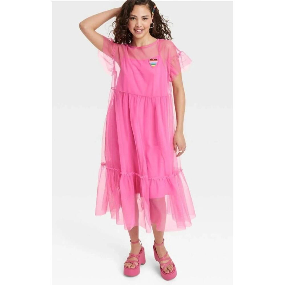 Target Pride Pink Tulle Tier Dress Bodycon Slip Tulle Mesh Overlay Size 1X LGBTQ